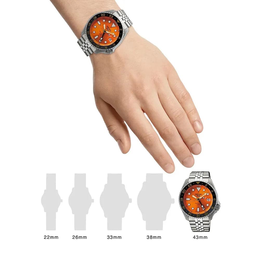 Seiko 5 GMT Orange Dial Silver Stainless Steel Strap Men Watch SSK005K1P