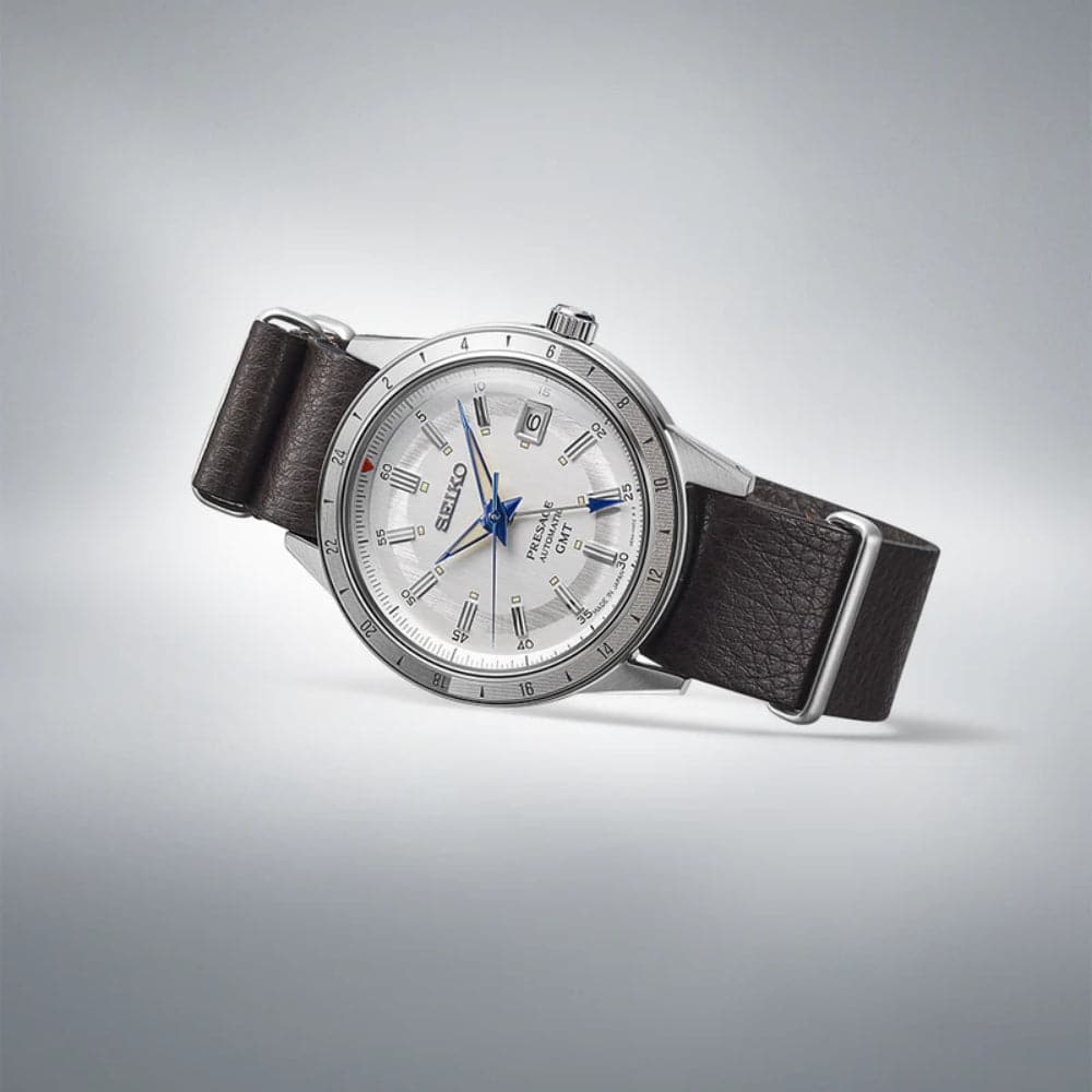 Seiko Presage GMT White Dial Brown Leather Strap Men Watch SSK015J1