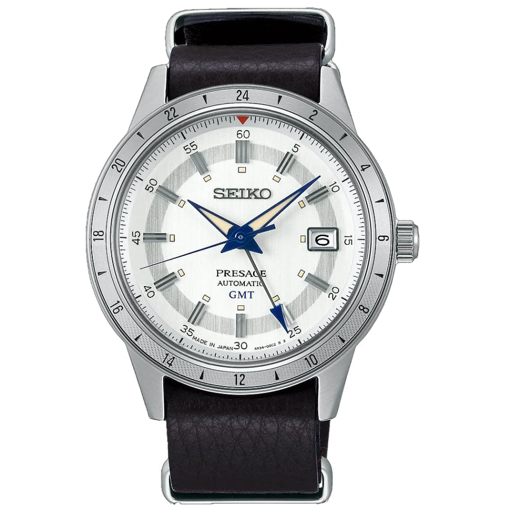 Seiko Presage GMT White Dial Brown Leather Strap Men Watch SSK015J1