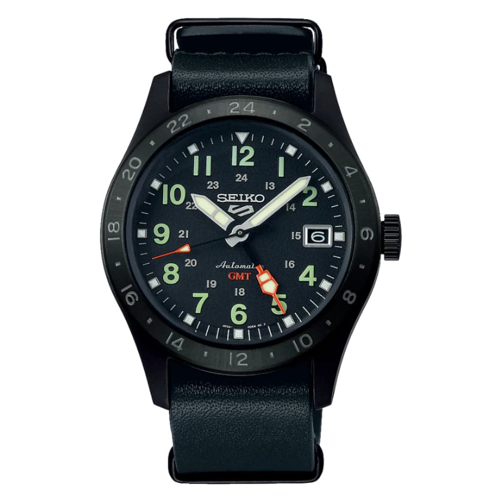 Seiko 5 Sports GMT Automatic Black Dial & Leather Strap Men Watch SSK025K1