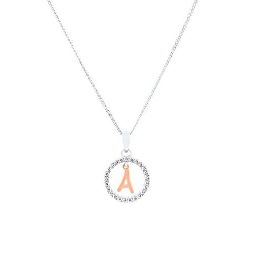 45cm Sterling Silver & Rose Plated Initial Necklace with Cubic Zirconias
