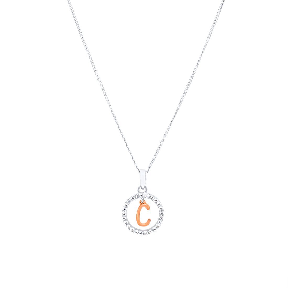 45cm Sterling Silver & Rose Plated Initial Necklace with Cubic Zirconias