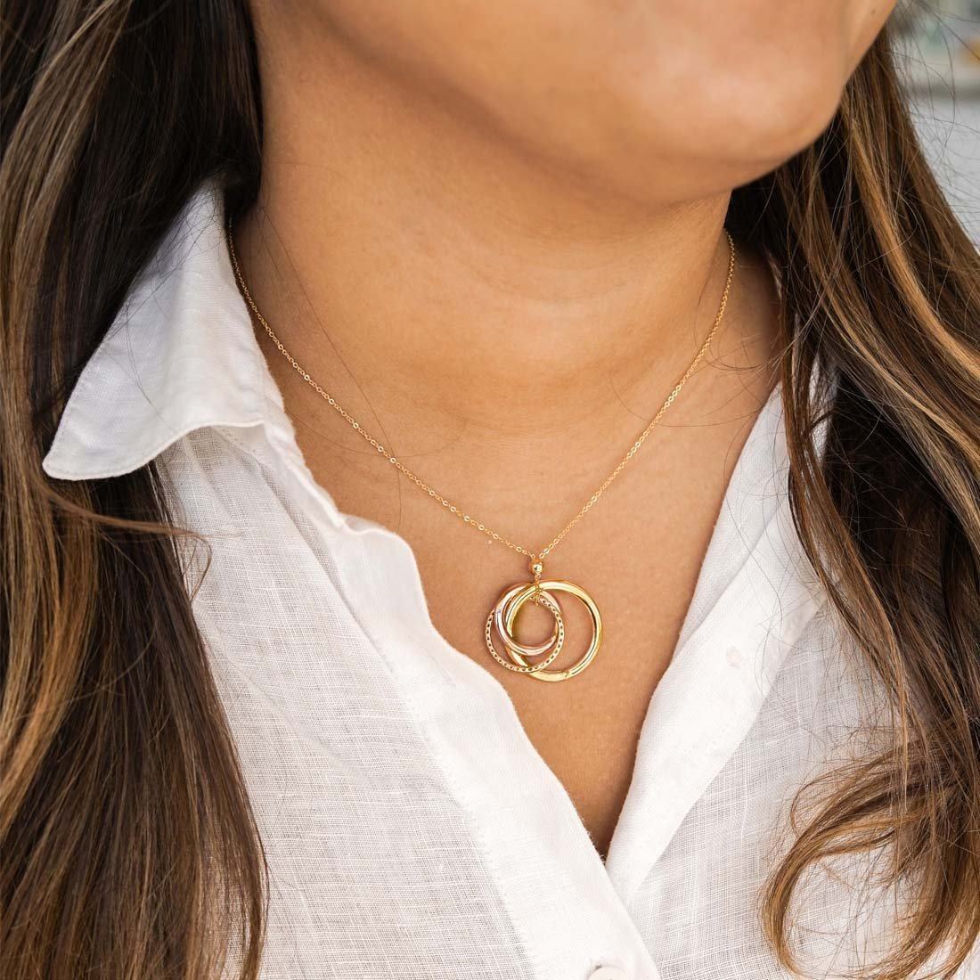 9kt Yellow Gold Silver Infused Triple Lucky Rings Necklace 45cm