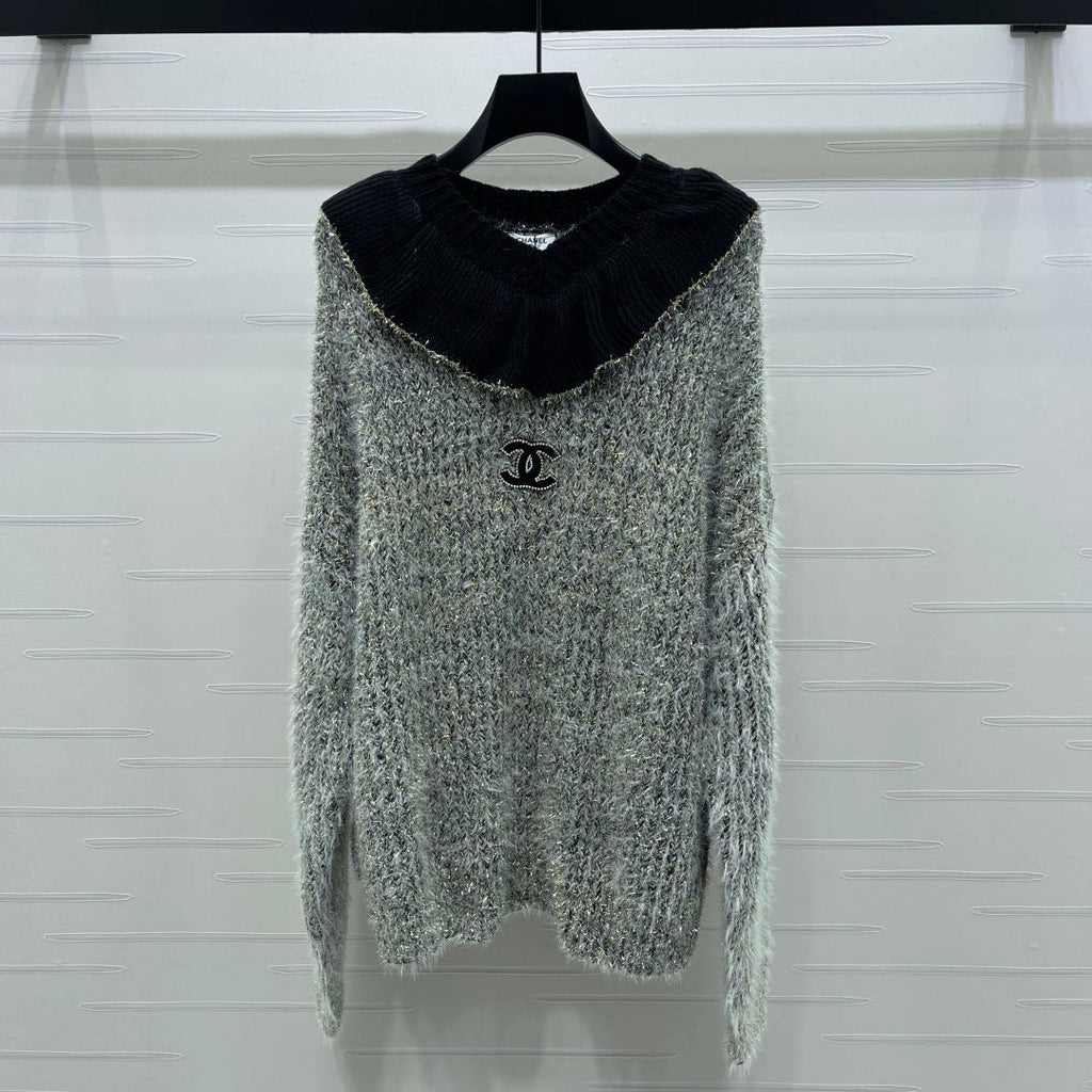 Chanel 2025 Ruffled Collar Shimmering Sweater Gray Black Polyester Wool 319566