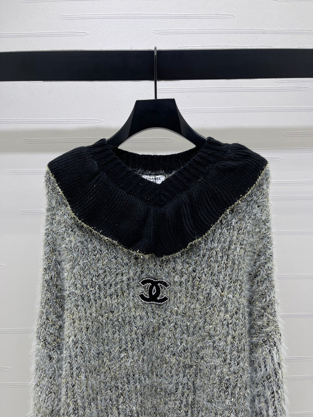Chanel 2025 Ruffled Collar Shimmering Sweater Gray Black Polyester Wool 319566