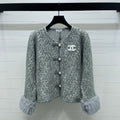 Chanel 2025 Fur-sleeved Crew Neck Cardigan Gray Polyester Wool 319595