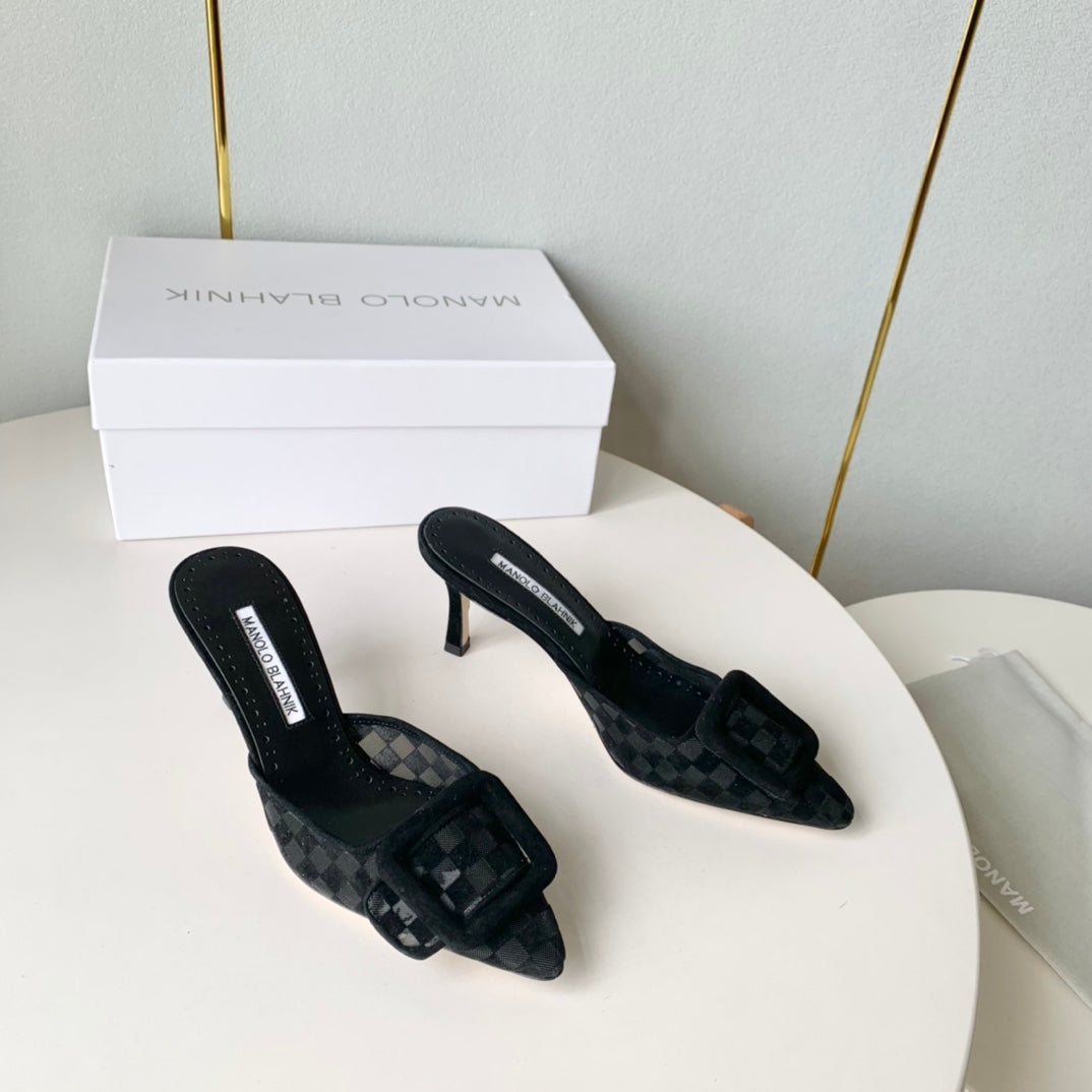 Manolo Mules Latest Checkerboard Black Fabric Leather 528010