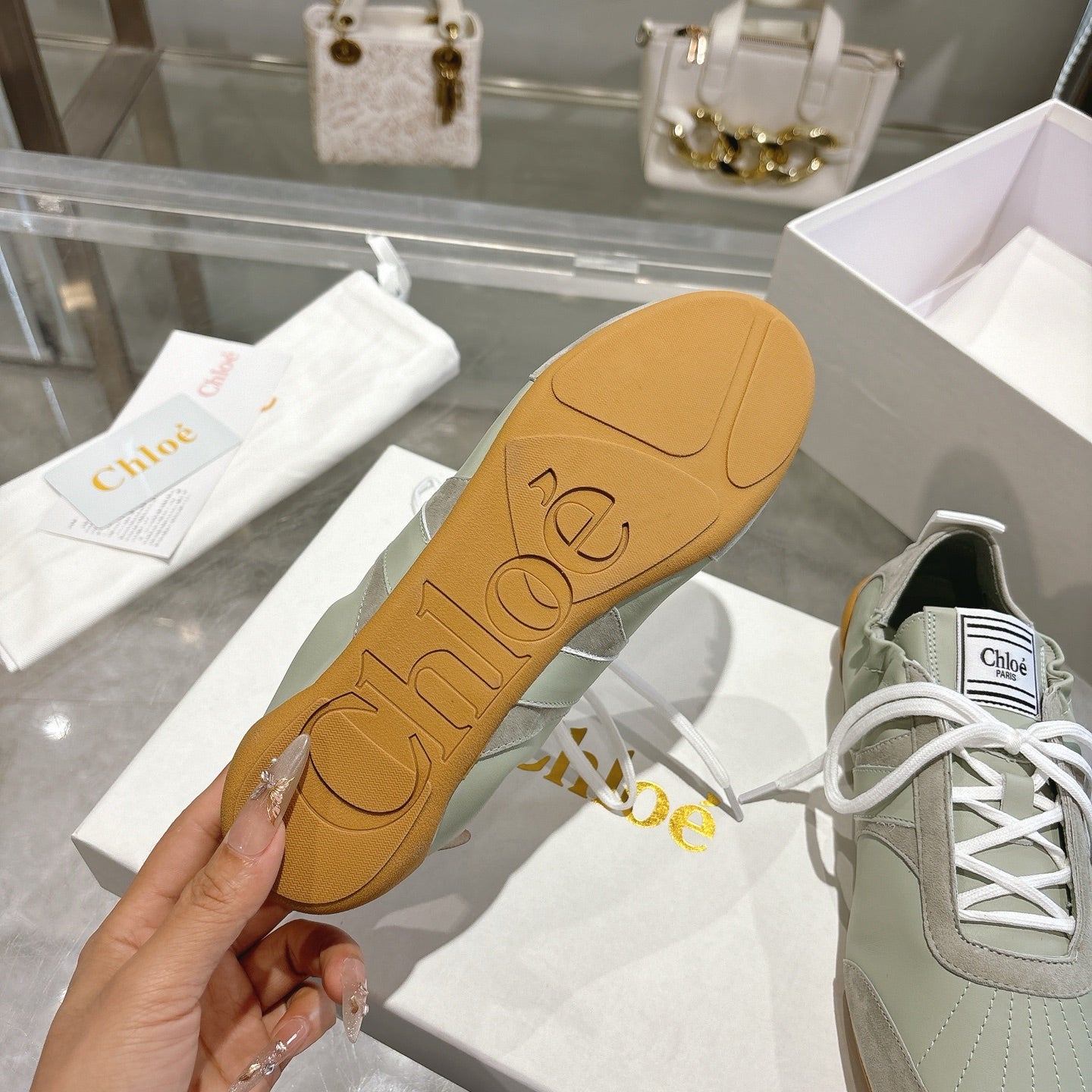 Chloe ballet flat casual shoes light sage green cowhide 518813