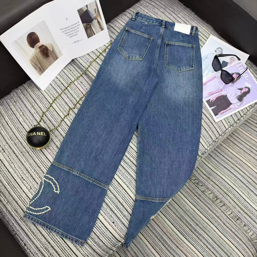 Chanel 2025 Double C Logo Beaded Straight-leg Jeans Blue Cotton 319001