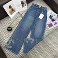 Chanel 2025 Double C Logo Beaded Straight-leg Jeans Blue Cotton 319001