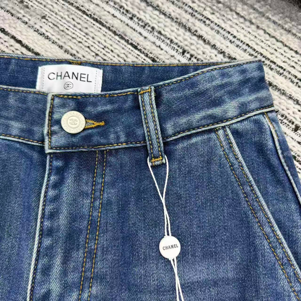 Chanel 2025 Double C Logo Beaded Straight-leg Jeans Blue Cotton 319001