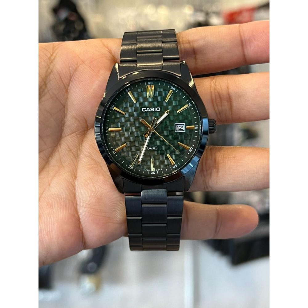 Casio General Green Dial Black Stainless Steel Strap Men Watch MTP-VD03B-3AUDF