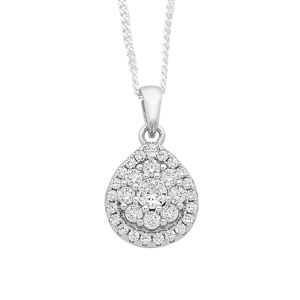 45cm Cubic Zirconia Pear Halo Necklace in Sterling Silver