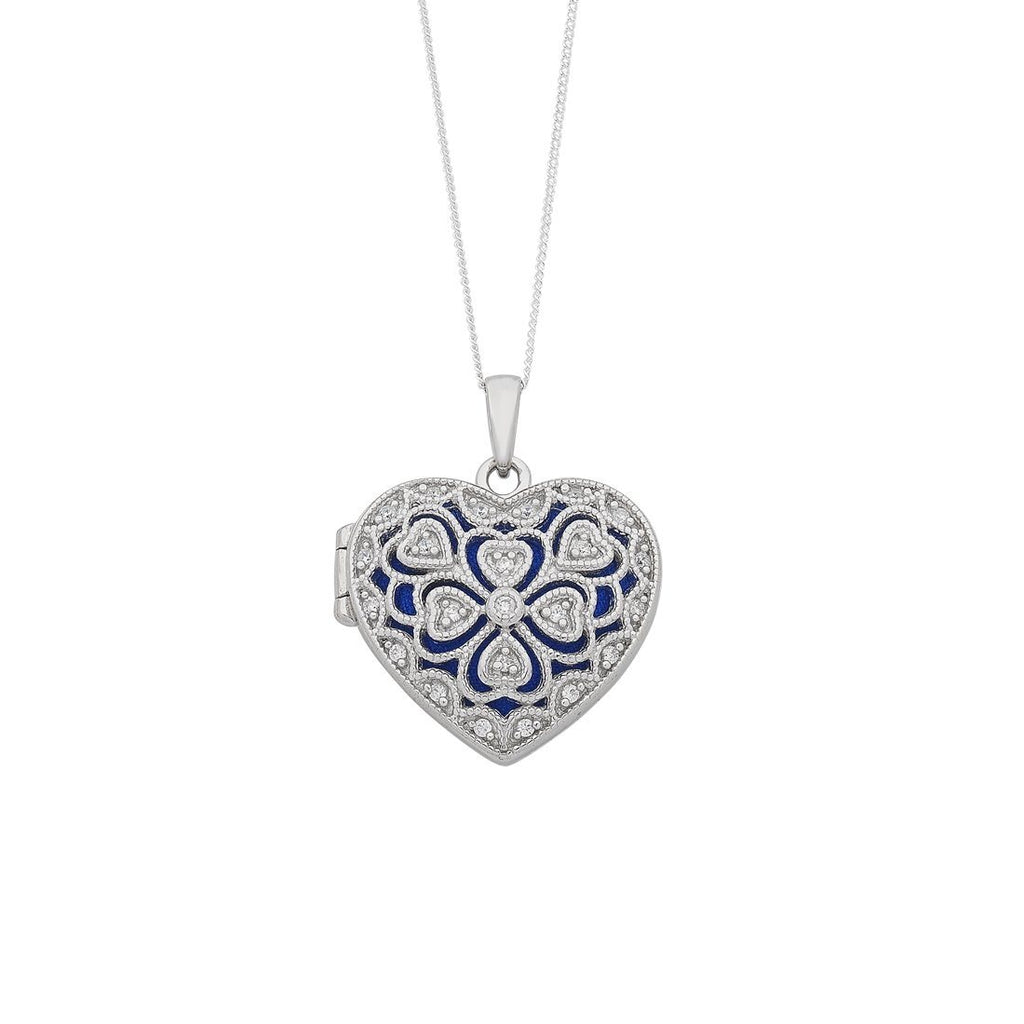 45cm Blue Filigree Cubic Zirconia Heart Locket Necklace in Sterling Silver
