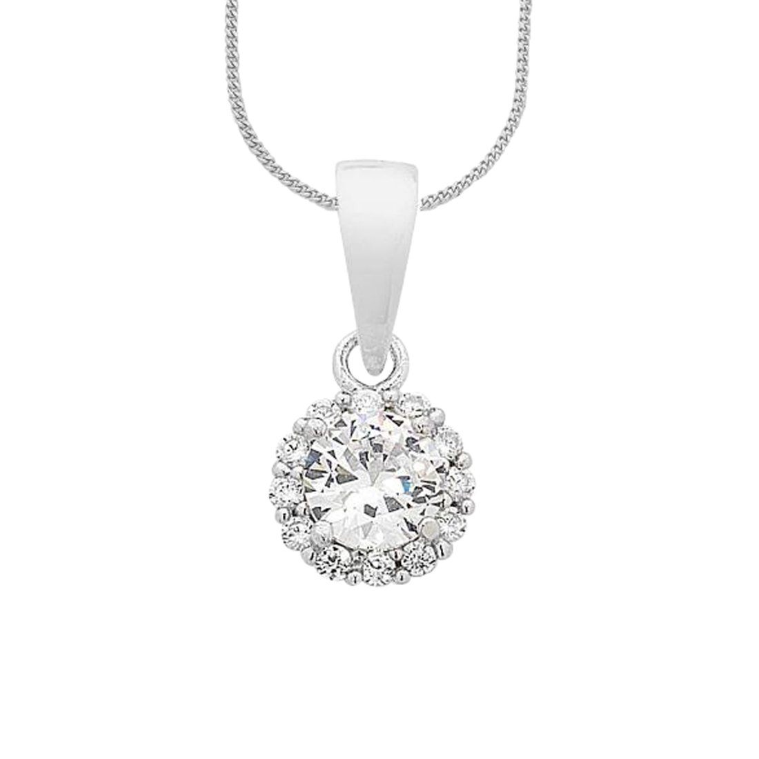 45cm Cubic Zirconia Halo Pendant Necklace in Sterling Silver