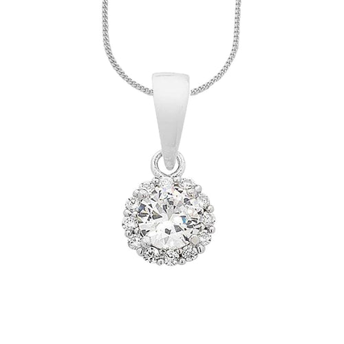45cm Cubic Zirconia Halo Pendant Necklace in Sterling Silver
